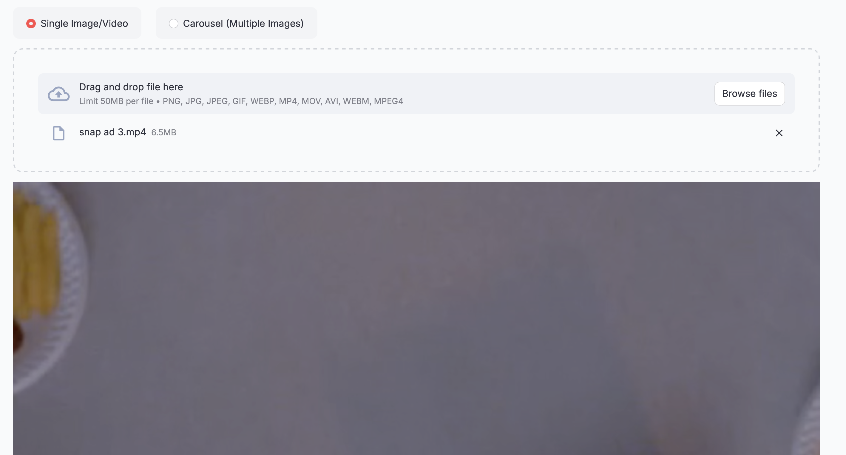 Upload interface for images, videos, and carousels